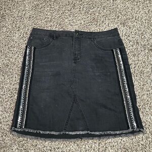 Black Denim Skirt with Fringe Detail